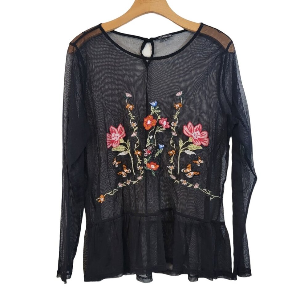 Hannah Top Black Sheer Super Stylish Blouse Colorful Floral Embroided L Boho